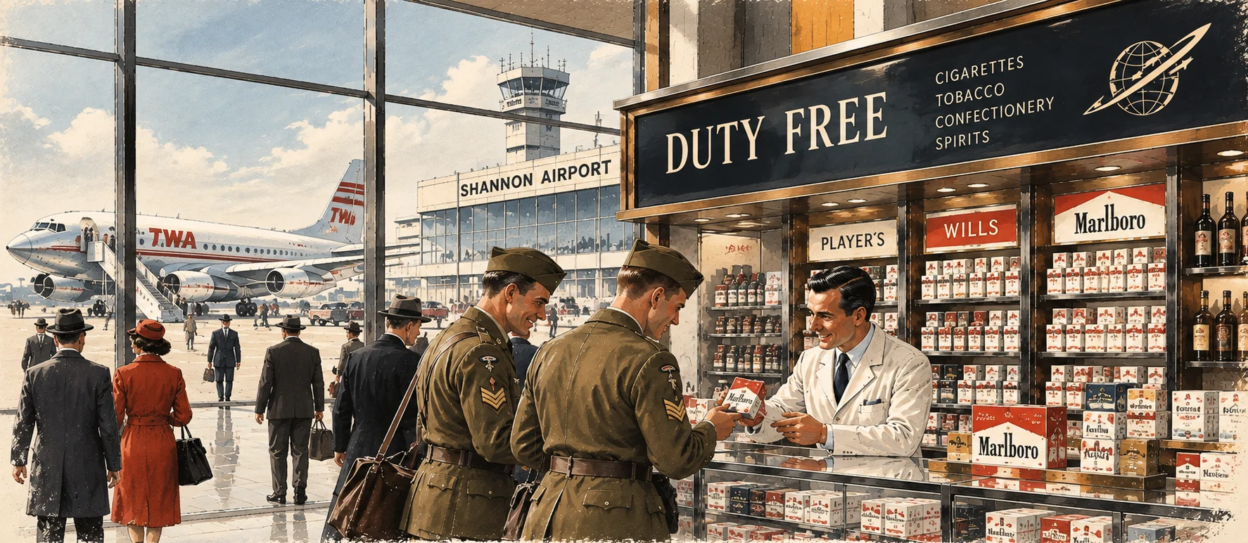 Illustration of a mid-century airport duty-free tobacco counter