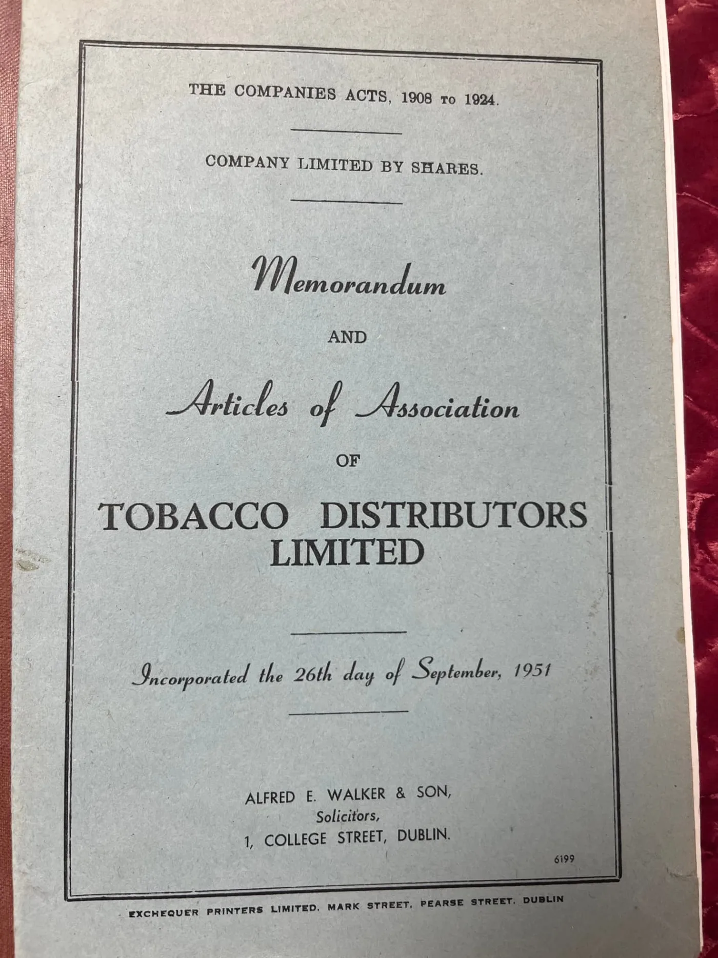 Memorandum and Articles of Association of Tobacco Distributors Limited, incorporated 26 September 1951